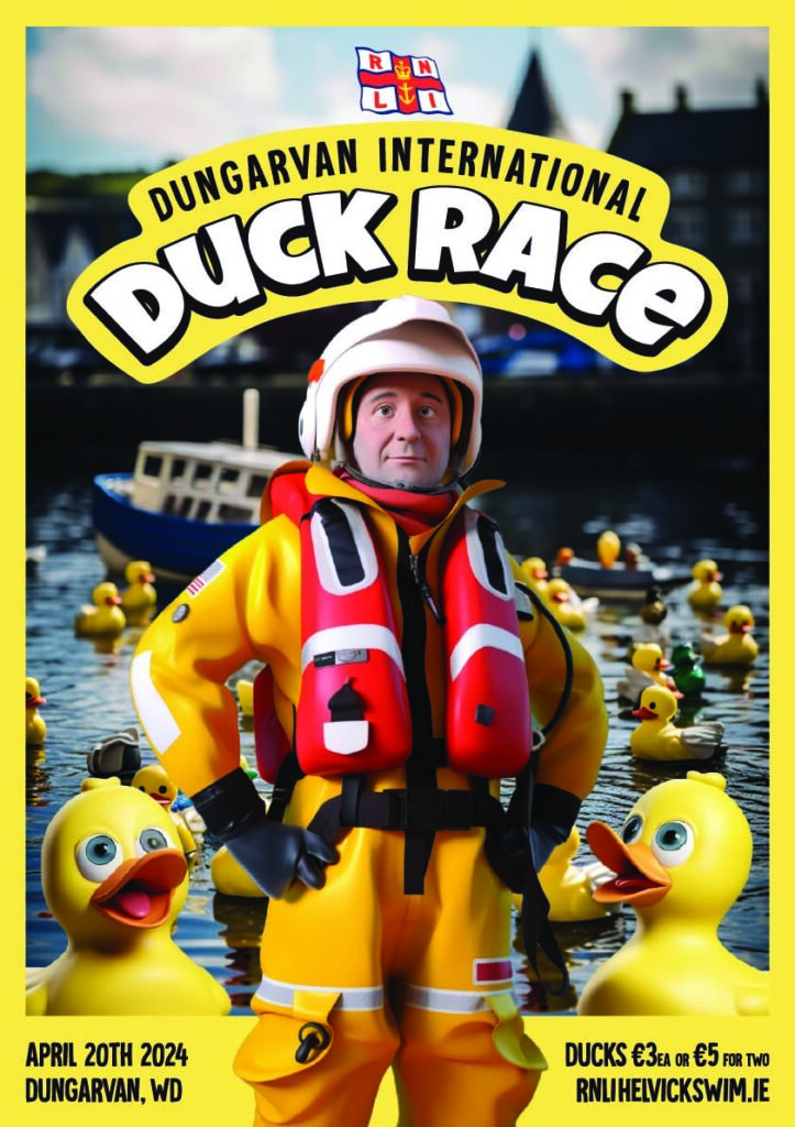 Pixar Style Duck Race Poster for the 2024 RNLI International Duck Race event in Dungarvan, Ireland